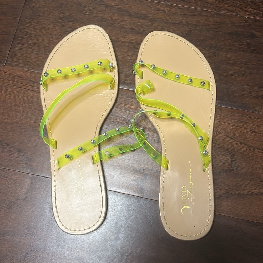 Neon Slip On Studded Sandals- Slightly Worn